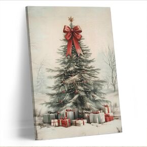 AEHIE Coquette Christmas Wall Decor,Christmas Tree Wall Decor, Christmas Framed Canvas Wall Art,Holiday Winter Pine Tree Bow Wall Decorations for Living Room Farmhouse Decorations Decor 11x14