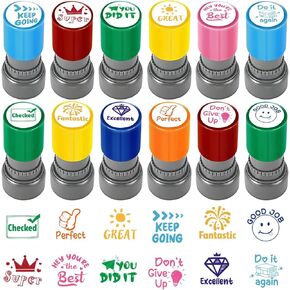 12 Sorted Teacher Stamps for Classroom, Self-Inking Rubber Stamps Teacher Review Photosensitive Stamps, Multicolor Picture Stamps, Teachers Feedback Homework Stamp for Encouraging Comments