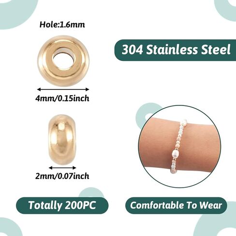 Fashewelry 200Pcs Gold Tiny Rondelle Donut Loose Beads 6mm Stainless Steel Polished Seamless Flat Round Spacer Beads for Jewelry Craft Making Hole: 1.8mm in Saudi Arabia