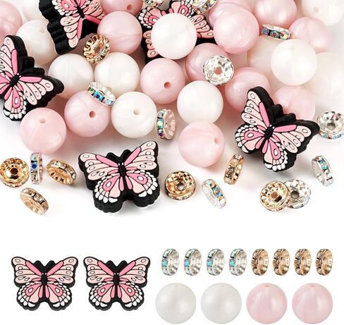 Beadthoven 65Pcs Butterfly Silicone Focal Beads for Pens Bracelets Pink White 15mm Round Silicone Rubber Beads Kit Glass Rhinestone Spacer Beads for Jewelry Making Keychain Lanyard Garlands in Saudi Arabia