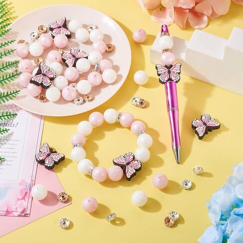Beadthoven 65Pcs Butterfly Silicone Focal Beads for Pens Bracelets Pink White 15mm Round Silicone Rubber Beads Kit Glass Rhinestone Spacer Beads for Jewelry Making Keychain Lanyard Garlands in Saudi Arabia