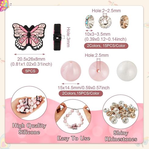 Beadthoven 65Pcs Butterfly Silicone Focal Beads for Pens Bracelets Pink White 15mm Round Silicone Rubber Beads Kit Glass Rhinestone Spacer Beads for Jewelry Making Keychain Lanyard Garlands in Saudi Arabia