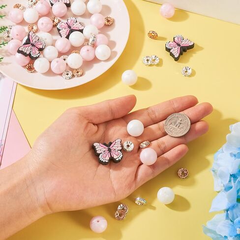 Beadthoven 65Pcs Butterfly Silicone Focal Beads for Pens Bracelets Pink White 15mm Round Silicone Rubber Beads Kit Glass Rhinestone Spacer Beads for Jewelry Making Keychain Lanyard Garlands in Saudi Arabia