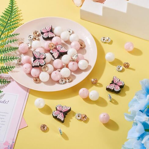 Beadthoven 65Pcs Butterfly Silicone Focal Beads for Pens Bracelets Pink White 15mm Round Silicone Rubber Beads Kit Glass Rhinestone Spacer Beads for Jewelry Making Keychain Lanyard Garlands in Saudi Arabia