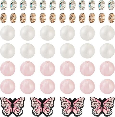 Beadthoven 65Pcs Butterfly Silicone Focal Beads for Pens Bracelets Pink White 15mm Round Silicone Rubber Beads Kit Glass Rhinestone Spacer Beads for Jewelry Making Keychain Lanyard Garlands in Saudi Arabia