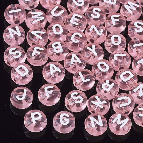 370pcs Transparent Acrylic Alphabet Letter Beads 7mm Flat Round Disc Coin A-Z White Letter Pattern Loose Spacer Beads Charms for DIY Necklace Bracelet Jewelry Making, Pink in Saudi Arabia