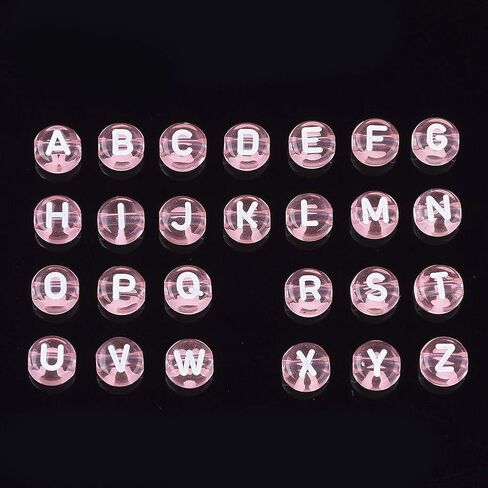 370pcs Transparent Acrylic Alphabet Letter Beads 7mm Flat Round Disc Coin A-Z White Letter Pattern Loose Spacer Beads Charms for DIY Necklace Bracelet Jewelry Making, Pink in Saudi Arabia
