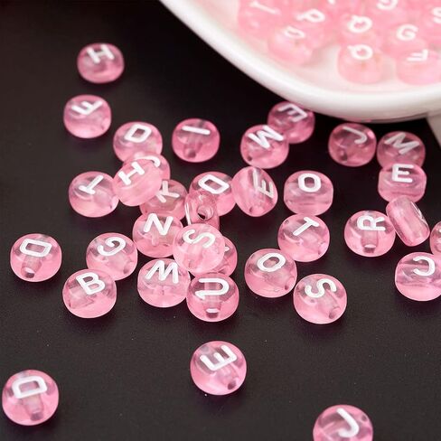 370pcs Transparent Acrylic Alphabet Letter Beads 7mm Flat Round Disc Coin A-Z White Letter Pattern Loose Spacer Beads Charms for DIY Necklace Bracelet Jewelry Making, Pink in Saudi Arabia