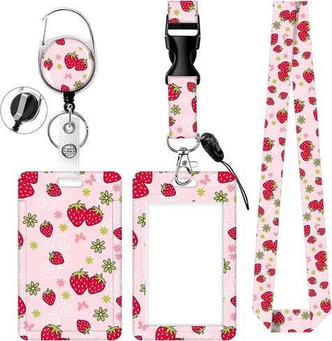 Lanyards for Id Badges,Id Card Holders for Badges with Breakaway Lanyard, Card Protector with Badge Reel Retractable Heavy Duty, Women Teacher Doctor Office(Cute Pink Strawberry) in Saudi Arabia