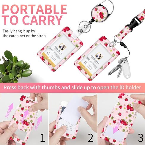 Lanyards for Id Badges,Id Card Holders for Badges with Breakaway Lanyard, Card Protector with Badge Reel Retractable Heavy Duty, Women Teacher Doctor Office(Cute Pink Strawberry) in Saudi Arabia