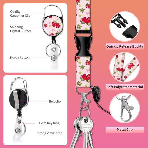 Lanyards for Id Badges,Id Card Holders for Badges with Breakaway Lanyard, Card Protector with Badge Reel Retractable Heavy Duty, Women Teacher Doctor Office(Cute Pink Strawberry) in Saudi Arabia