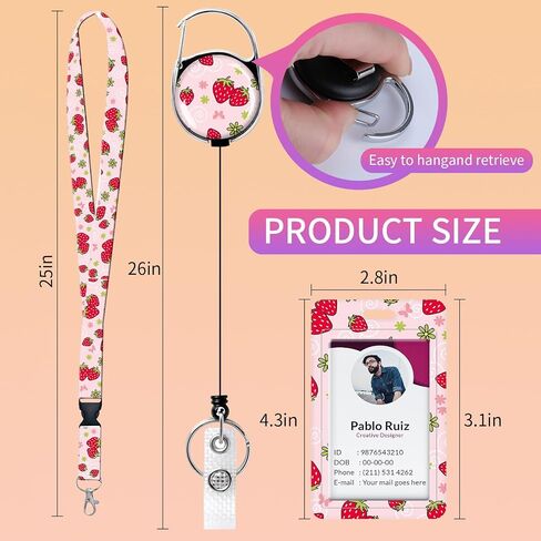 Lanyards for Id Badges,Id Card Holders for Badges with Breakaway Lanyard, Card Protector with Badge Reel Retractable Heavy Duty, Women Teacher Doctor Office(Cute Pink Strawberry) in Saudi Arabia