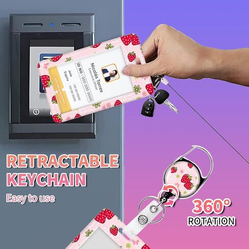 Lanyards for Id Badges,Id Card Holders for Badges with Breakaway Lanyard, Card Protector with Badge Reel Retractable Heavy Duty, Women Teacher Doctor Office(Cute Pink Strawberry) in Saudi Arabia