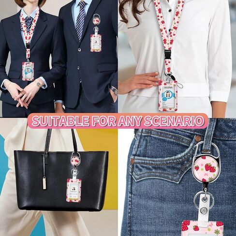 Lanyards for Id Badges,Id Card Holders for Badges with Breakaway Lanyard, Card Protector with Badge Reel Retractable Heavy Duty, Women Teacher Doctor Office(Cute Pink Strawberry) in Saudi Arabia