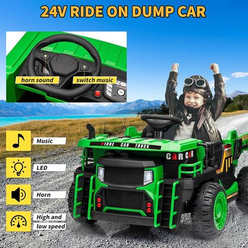 2 Seater Ride On Dump Truck, 24V Ride On Car Toy with Remote Control,Electric Dump Bed and Extra Shovel,2WD/4WD Ride On Construction Vehicle for Kids with Bluetooth,LED Light,Shock Absorption,Yellow in Saudi Arabia