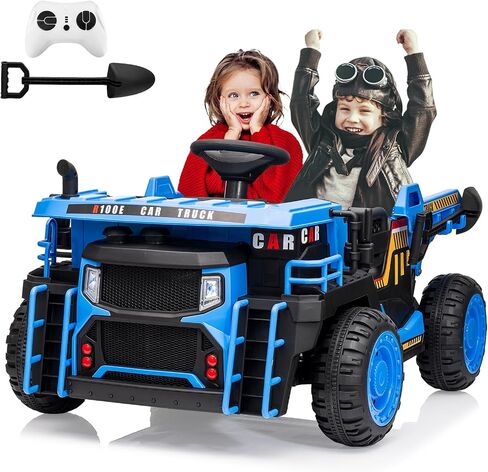 2 Seater Ride On Dump Truck, 24V Ride On Car Toy with Remote Control,Electric Dump Bed and Extra Shovel,2WD/4WD Ride On Construction Vehicle for Kids with Bluetooth,LED Light,Shock Absorption,Yellow in Saudi Arabia