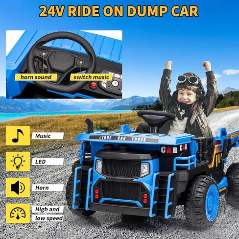 2 Seater Ride On Dump Truck, 24V Ride On Car Toy with Remote Control,Electric Dump Bed and Extra Shovel,2WD/4WD Ride On Construction Vehicle for Kids with Bluetooth,LED Light,Shock Absorption,Yellow in Saudi Arabia