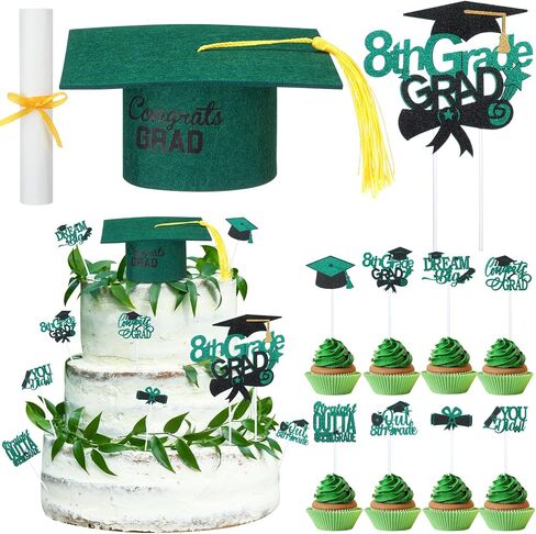 27 Pcs 8th Grade Graduation Cake Kit Included Felt Graduation Cap with Tassel Glitter Cupcake Toppers Diploma Decorations for Eighth Grade School Graduate Party Supplies (Green) in Saudi Arabia