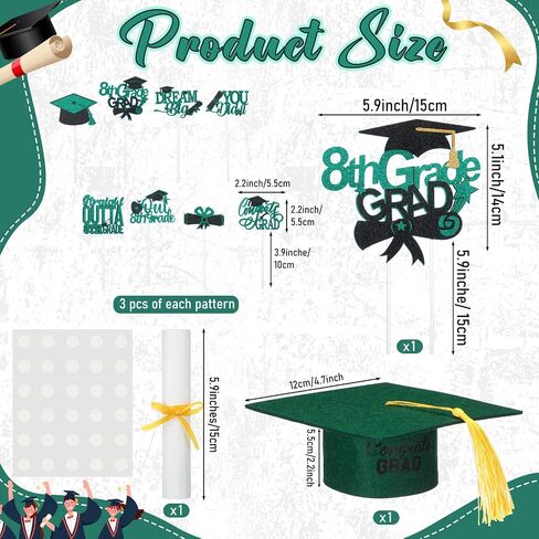 27 Pcs 8th Grade Graduation Cake Kit Included Felt Graduation Cap with Tassel Glitter Cupcake Toppers Diploma Decorations for Eighth Grade School Graduate Party Supplies (Green) in Saudi Arabia