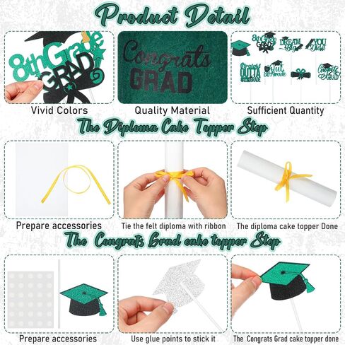 27 Pcs 8th Grade Graduation Cake Kit Included Felt Graduation Cap with Tassel Glitter Cupcake Toppers Diploma Decorations for Eighth Grade School Graduate Party Supplies (Green) in Saudi Arabia
