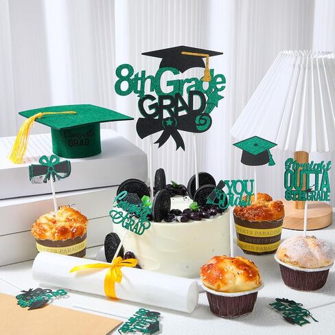 27 Pcs 8th Grade Graduation Cake Kit Included Felt Graduation Cap with Tassel Glitter Cupcake Toppers Diploma Decorations for Eighth Grade School Graduate Party Supplies (Green) in Saudi Arabia