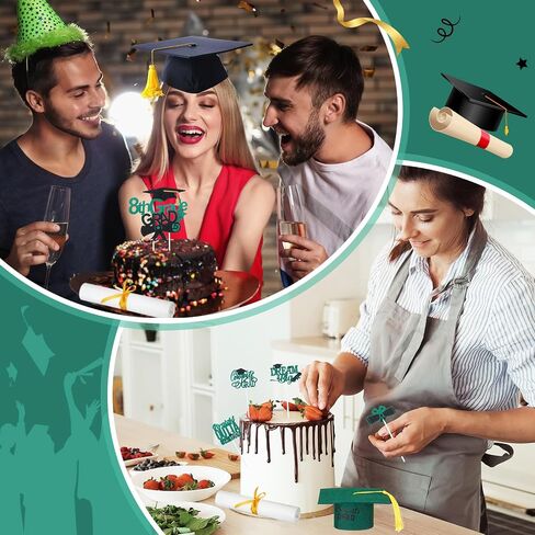 27 Pcs 8th Grade Graduation Cake Kit Included Felt Graduation Cap with Tassel Glitter Cupcake Toppers Diploma Decorations for Eighth Grade School Graduate Party Supplies (Green) in Saudi Arabia