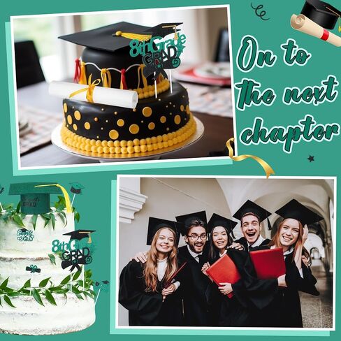 27 Pcs 8th Grade Graduation Cake Kit Included Felt Graduation Cap with Tassel Glitter Cupcake Toppers Diploma Decorations for Eighth Grade School Graduate Party Supplies (Green) in Saudi Arabia