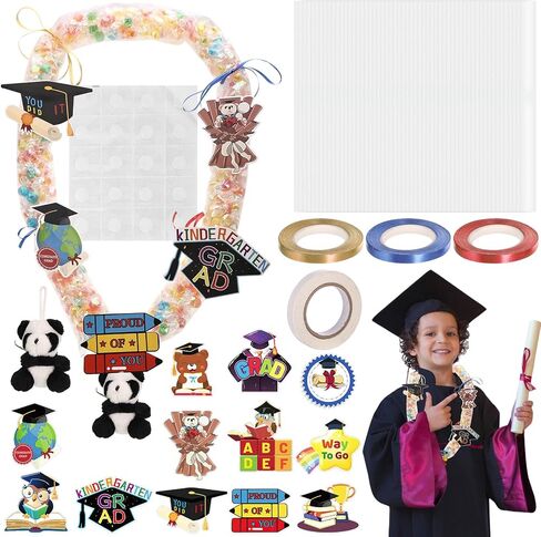 CIEOVO 50 Set Graduation Candy Leis Graduation Party Candy Leis Making Kit Include 50 Pcs Lei Tubing 2 Rolls Ribbons 12 Sheets Graduation Stickers Decals Candy Filler for Graduate Party Gifts in Saudi Arabia