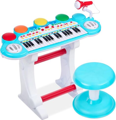 أفضل منتجات اختيار 37 Kids Kids Electronic Musical Musical Biano Beacherno Toy Keyboard W/Multives Flouds ، Lights ، Microphone ، Stool - Blue in Kuwait