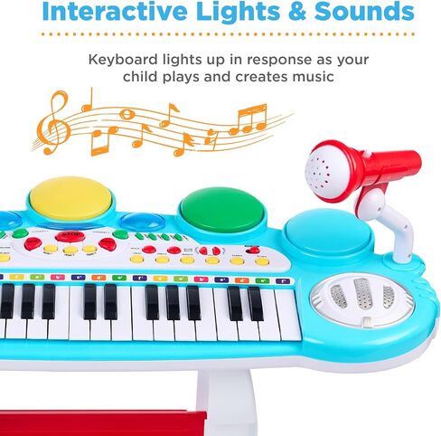 أفضل منتجات اختيار 37 Kids Kids Electronic Musical Musical Biano Beacherno Toy Keyboard W/Multives Flouds ، Lights ، Microphone ، Stool - Blue in Kuwait