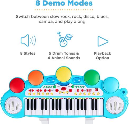 أفضل منتجات اختيار 37 Kids Kids Electronic Musical Musical Biano Beacherno Toy Keyboard W/Multives Flouds ، Lights ، Microphone ، Stool - Blue in Kuwait