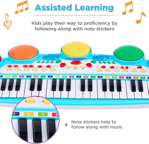 أفضل منتجات اختيار 37 Kids Kids Electronic Musical Musical Biano Beacherno Toy Keyboard W/Multives Flouds ، Lights ، Microphone ، Stool - Blue in Kuwait