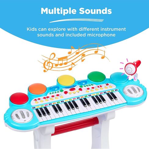 أفضل منتجات اختيار 37 Kids Kids Electronic Musical Musical Biano Beacherno Toy Keyboard W/Multives Flouds ، Lights ، Microphone ، Stool - Blue in Kuwait