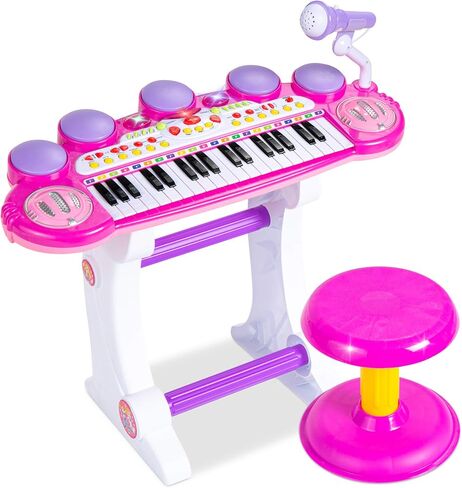 أفضل منتجات اختيار 37 Kids Kids Electronic Musical Musical Biano Beacherno Toy Keyboard W/Multives Flouds ، Lights ، Microphone ، Stool - Blue in Kuwait