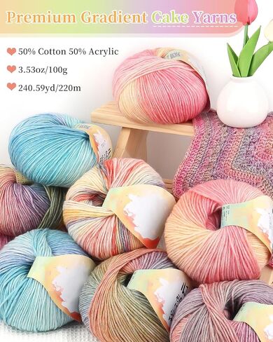 خيوط Coopay للحياكة الكروشيه ، خيوط كعكة التدرج ، 2 × 3.53oz - 240yds - 50 ٪ من القطن 50 ٪ من خيوط Ombre أكريليك ، خيوط الكروشيه للبطانيات ، شالات ، الأوشحة (102 قوس قزح) in Kuwait