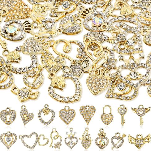 Kenning 48 pcs 12-31mm عيد الحب قلب Rhinestone Charms سحمة سحمة سحر القلب الحلو معلقات القلب الكريستال لتدوين القلادة DIY قرط المجوهرات صنع الإمدادات in Kuwait