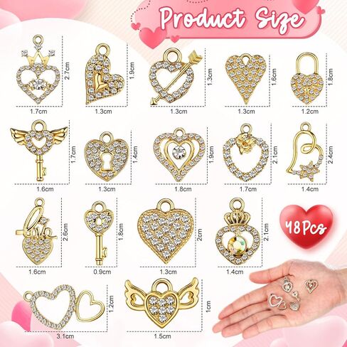 Kenning 48 pcs 12-31mm عيد الحب قلب Rhinestone Charms سحمة سحمة سحر القلب الحلو معلقات القلب الكريستال لتدوين القلادة DIY قرط المجوهرات صنع الإمدادات in Kuwait