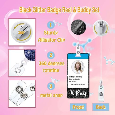 Black Glitter X-Ray Badge Buddy and Reel Set - Vertical Badge Buddies for Nurses - Retractable ID Card Holder DK667 in Saudi Arabia