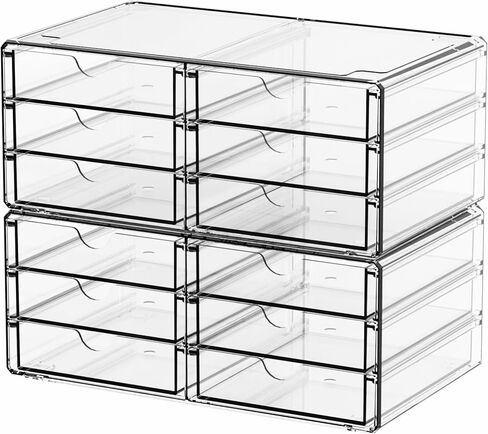 Yieach 3 Pack Acrylic Storage Murser مع 10 أدراج ومنظم خزانة المكاتب القابلة للتكديس ومنظم المكياج ، والأدراج البلاستيكية الواضحة للإمدادات الحرفية ، والقلم ، والطبية ، والمكياج ، والمنظم مكتب الجمال in Kuwait