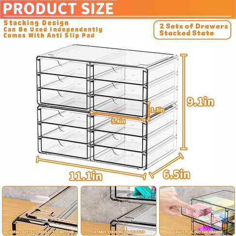 Yieach 3 Pack Acrylic Storage Murser مع 10 أدراج ومنظم خزانة المكاتب القابلة للتكديس ومنظم المكياج ، والأدراج البلاستيكية الواضحة للإمدادات الحرفية ، والقلم ، والطبية ، والمكياج ، والمنظم مكتب الجمال in Kuwait