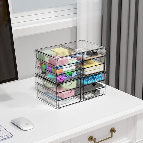 Yieach 3 Pack Acrylic Storage Murser مع 10 أدراج ومنظم خزانة المكاتب القابلة للتكديس ومنظم المكياج ، والأدراج البلاستيكية الواضحة للإمدادات الحرفية ، والقلم ، والطبية ، والمكياج ، والمنظم مكتب الجمال in Kuwait