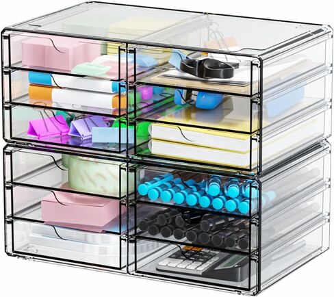 Yieach 3 Pack Acrylic Storage Murser مع 10 أدراج ومنظم خزانة المكاتب القابلة للتكديس ومنظم المكياج ، والأدراج البلاستيكية الواضحة للإمدادات الحرفية ، والقلم ، والطبية ، والمكياج ، والمنظم مكتب الجمال in Kuwait