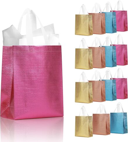 16 Pcs Metallic Bling Small Gift Bags Bulk with Cardboard Bases, Glossy Gold Reusable Party Favor Bags for Birthday, Wedding, Christmas, Parties- 10.2x3.9x8.3 In in Saudi Arabia