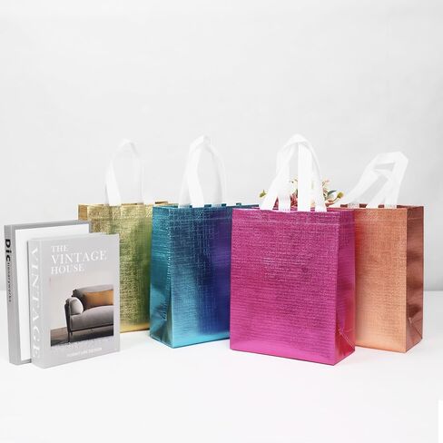 16 Pcs Metallic Bling Small Gift Bags Bulk with Cardboard Bases, Glossy Gold Reusable Party Favor Bags for Birthday, Wedding, Christmas, Parties- 10.2x3.9x8.3 In in Saudi Arabia