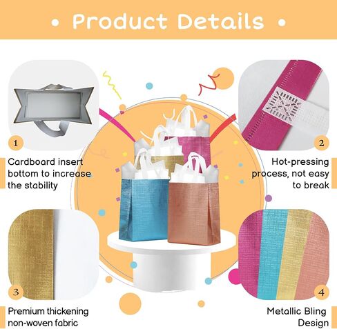16 Pcs Metallic Bling Small Gift Bags Bulk with Cardboard Bases, Glossy Gold Reusable Party Favor Bags for Birthday, Wedding, Christmas, Parties- 10.2x3.9x8.3 In in Saudi Arabia