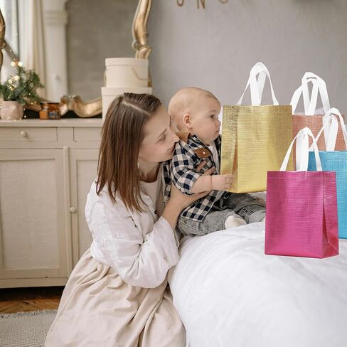16 Pcs Metallic Bling Small Gift Bags Bulk with Cardboard Bases, Glossy Gold Reusable Party Favor Bags for Birthday, Wedding, Christmas, Parties- 10.2x3.9x8.3 In in Saudi Arabia