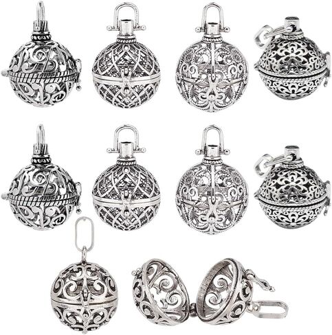 SUNNYCLUE 10Pcs 5 Styles Cage Charms Brass Locket Charms Stone Holder Necklace Silver Hollow Spiral Bead Cages Round Chime Ball Pendants for Jewelry Making Women Adults DIY Necklaces Crafts in Saudi Arabia