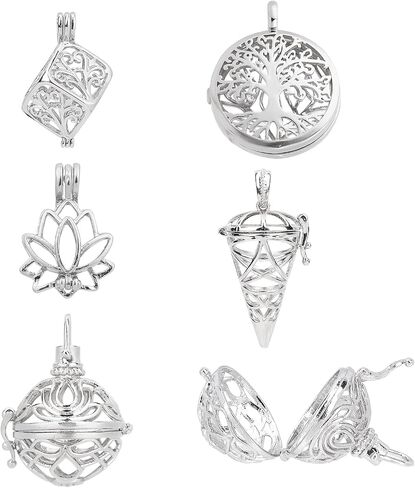 SUNNYCLUE 10Pcs 5 Styles Cage Charms Brass Locket Charms Stone Holder Necklace Silver Hollow Spiral Bead Cages Round Chime Ball Pendants for Jewelry Making Women Adults DIY Necklaces Crafts in Saudi Arabia