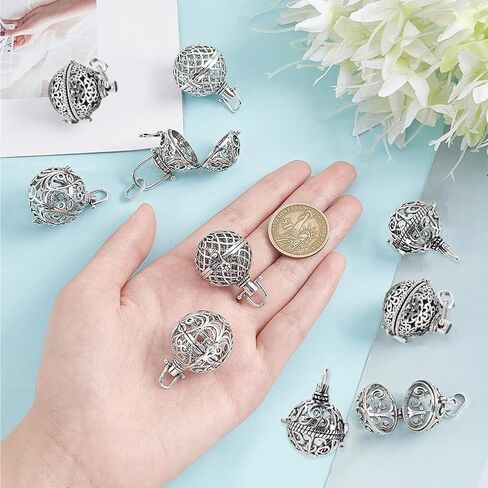 SUNNYCLUE 10Pcs 5 Styles Cage Charms Brass Locket Charms Stone Holder Necklace Silver Hollow Spiral Bead Cages Round Chime Ball Pendants for Jewelry Making Women Adults DIY Necklaces Crafts in Saudi Arabia