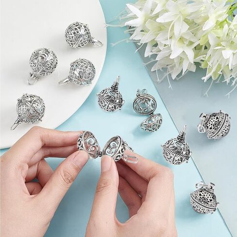 SUNNYCLUE 10Pcs 5 Styles Cage Charms Brass Locket Charms Stone Holder Necklace Silver Hollow Spiral Bead Cages Round Chime Ball Pendants for Jewelry Making Women Adults DIY Necklaces Crafts in Saudi Arabia